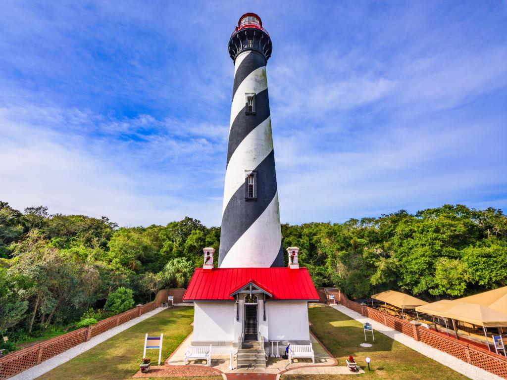 The famous black and white spiral towered lighthouse on a sunny day