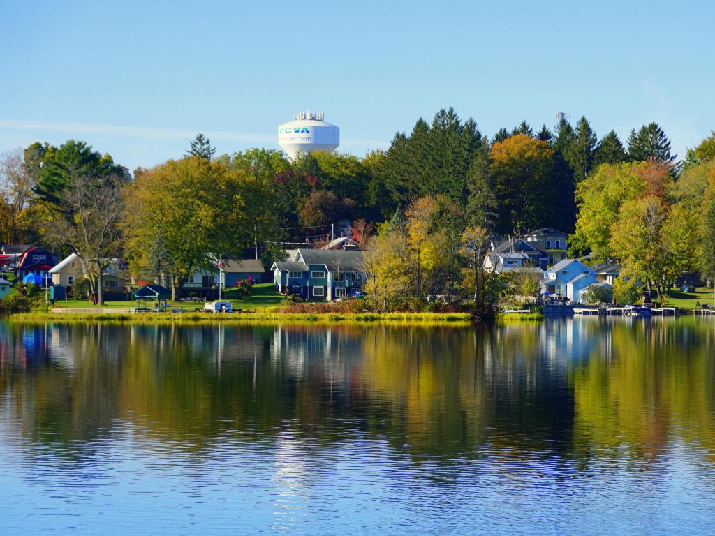 Oneida Lake with Syracuse, NY in the background on a sunny day