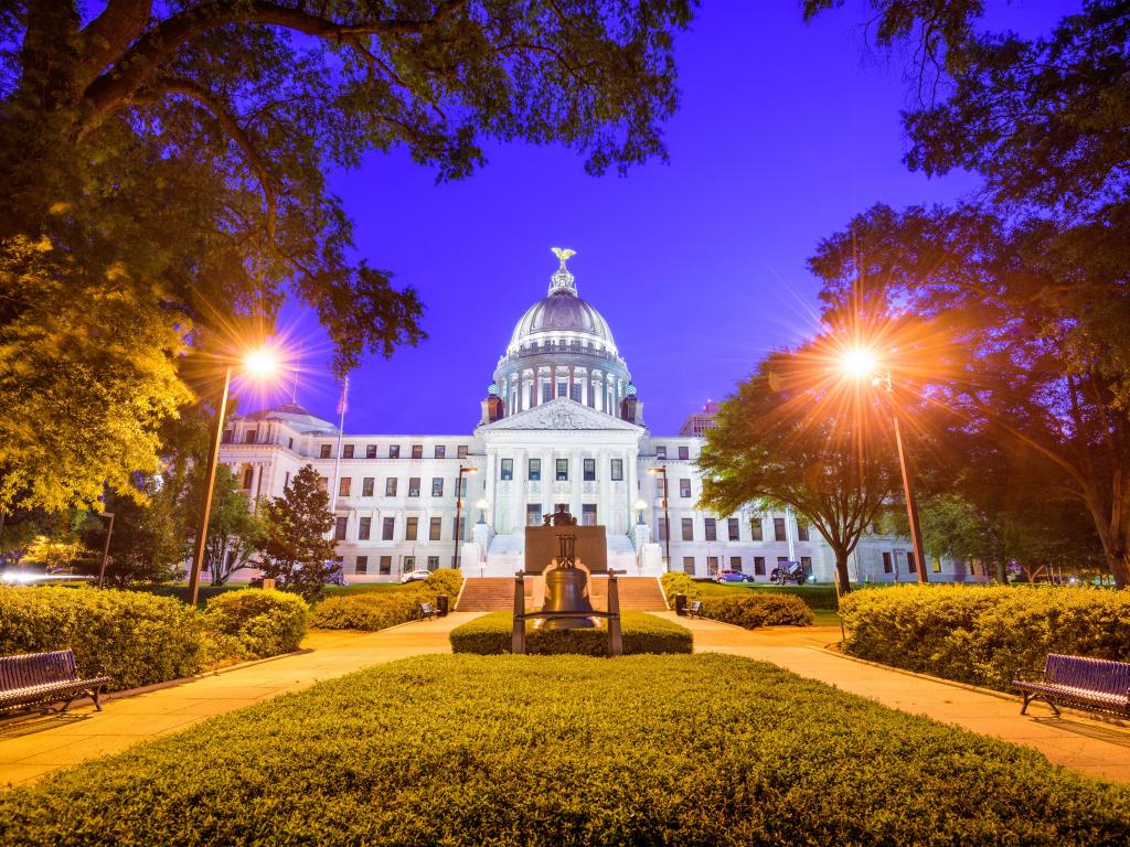 State Capitol building at night in Jackson, Mississippi