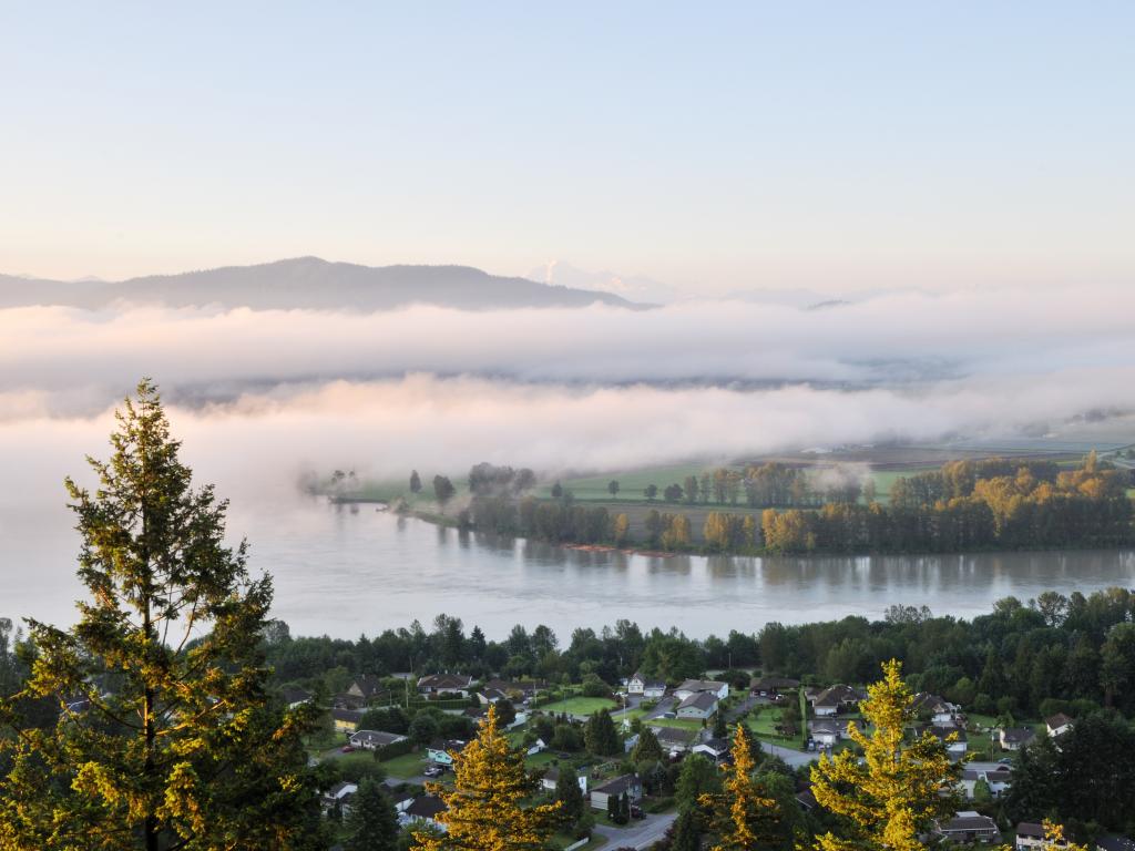 Fraser Valley at foggy sunrise, British Columbia, Canada