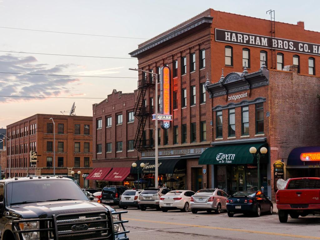 Red Brick commercial buildings with preserved historical aesthetic character in the Haymarket District, Lincoln City