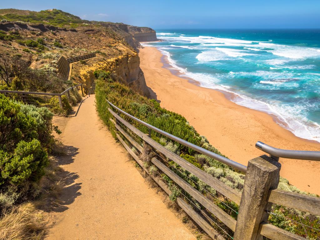 Top view of Gibson Steps overlooking the sandy beach in Port Campbell National Park, Great Ocean Road, Victoria, Australia.
