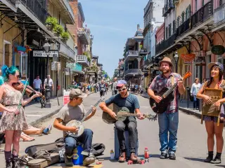 Street performers playing blue grass style music in the French Quarter district in New Orleans on a sunny day