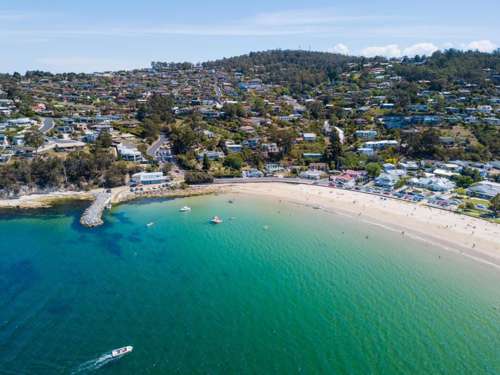 An aerial view of a Kingston Beach in Hobart, Tasmania, Australia