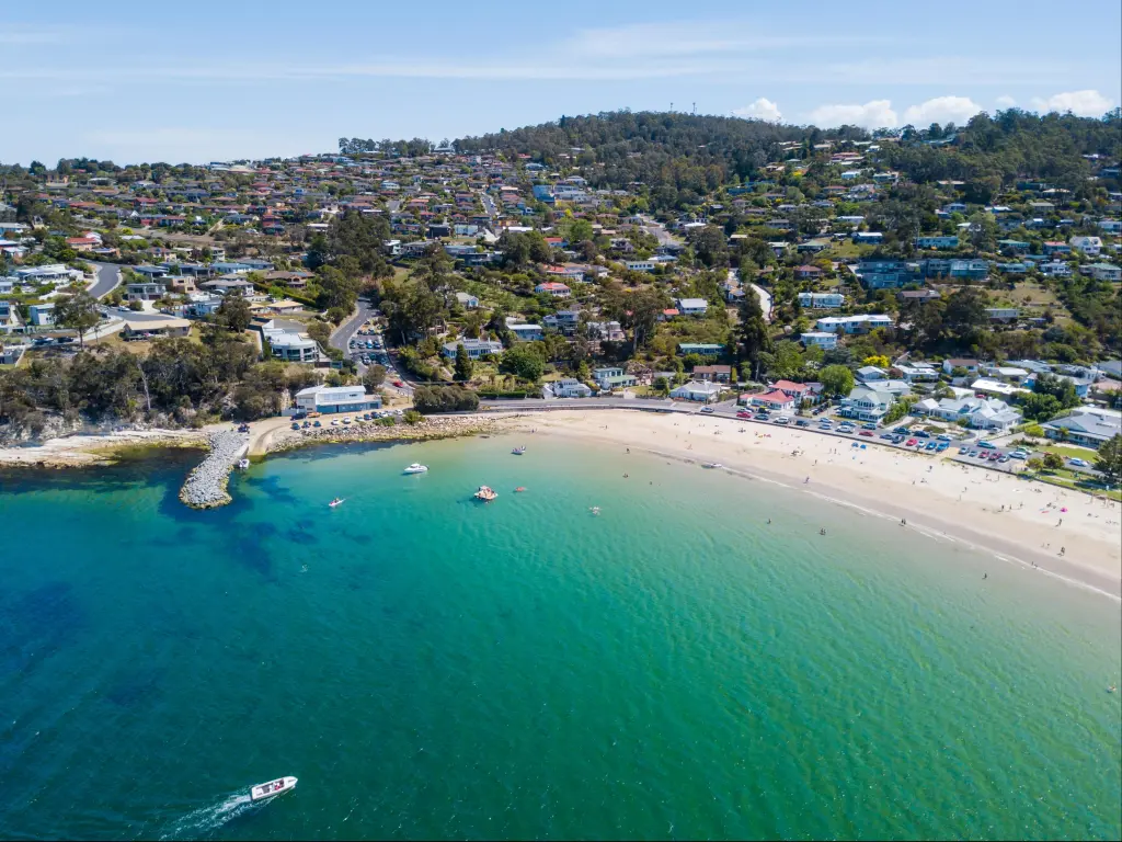 An aerial view of a Kingston Beach in Hobart, Tasmania, Australia