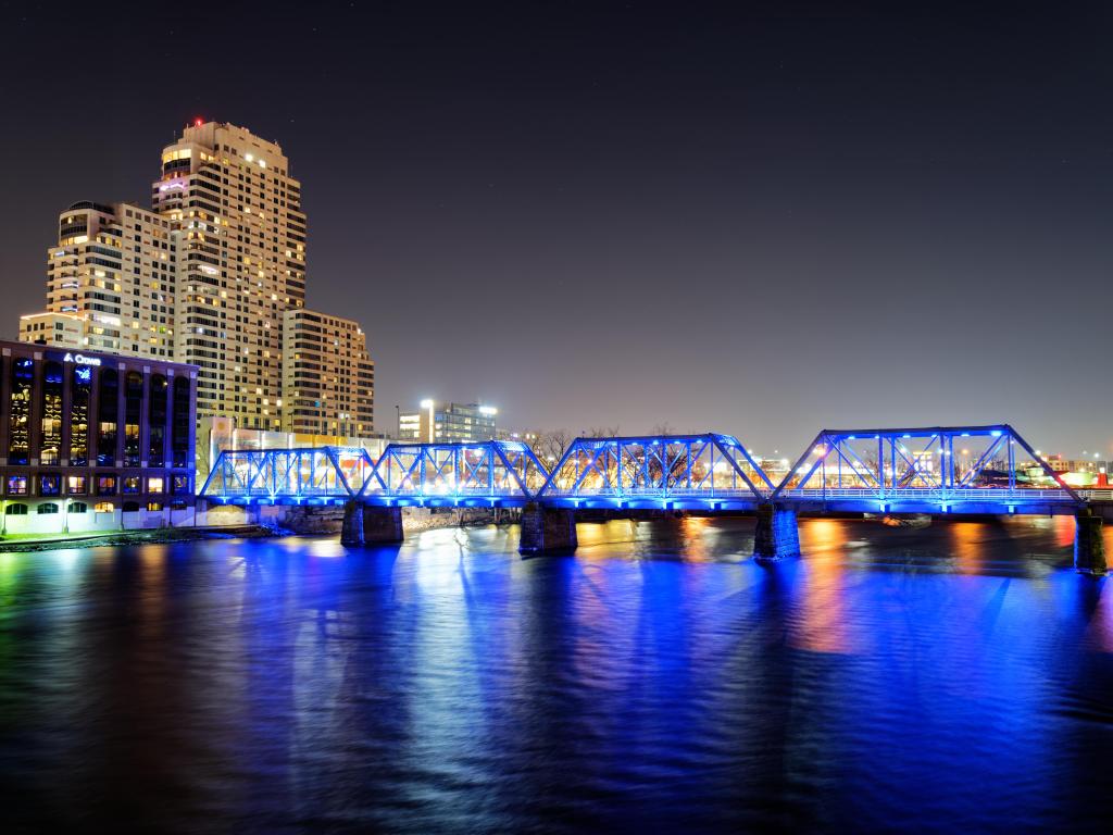 Downtown Grand Rapids Michigan with stunning night time view across the city