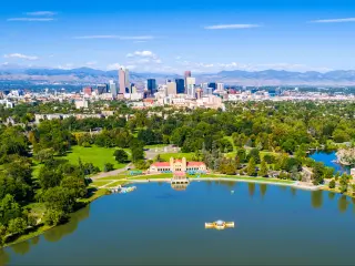 Denver Colorado skyline cityscape in the background with Rocky mountains
