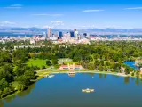 Denver Colorado skyline cityscape in the background with Rocky mountains