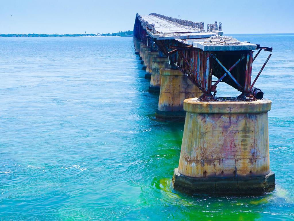Turquoise waters and Florida Key's historic Overseas Highway and broken Railway