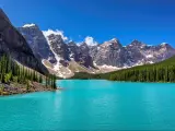Beautiful turquoise lake of the Rocky mountains, Moraine lake, Banff National Park, Canada.