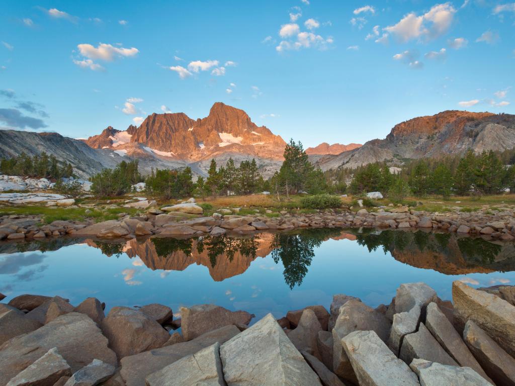 Inyo National Forest, California, USA with the rocky shore of Garnet Lake. 
