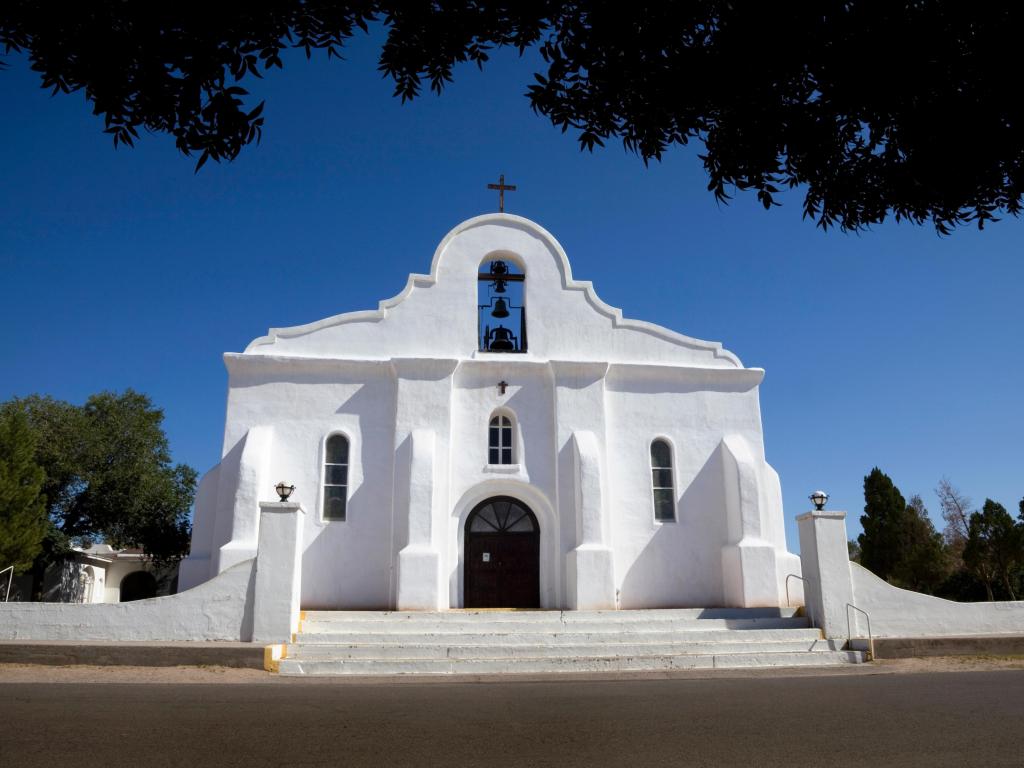 The bell tower of the San Elizario Mission near El Paso, Texas, built in 1877 and the newest of the three Spanish missions on the El Paso Mission Trail.