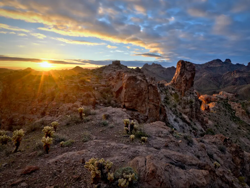 A spectacular sunrise in the mountains of the Kofa National Wildlife Refuge in Arizona.