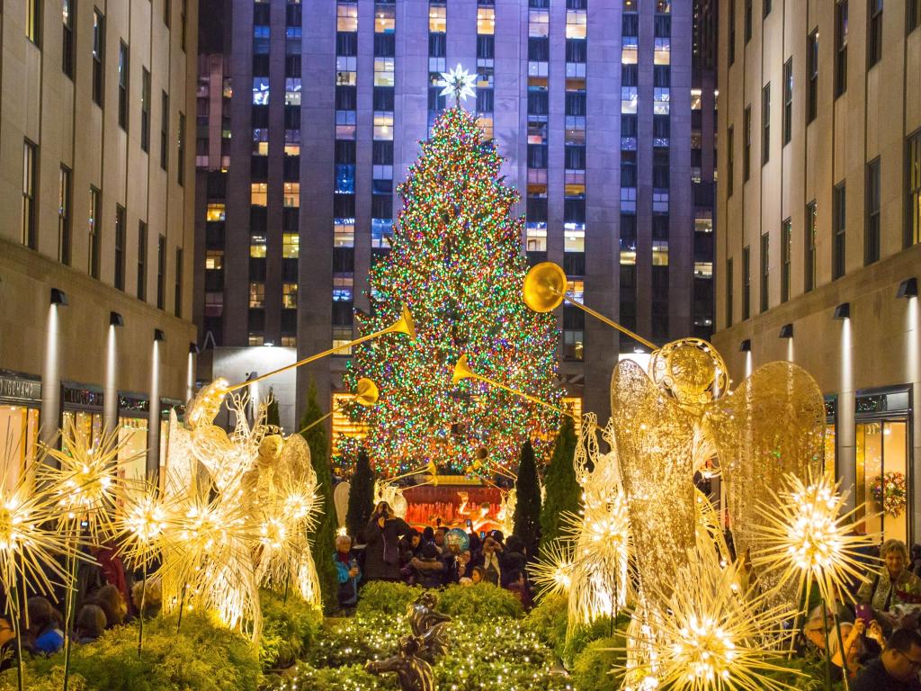 Rockefeller Center all decorated surrounding the newly lit Christmas tree on December 5, 2013.
