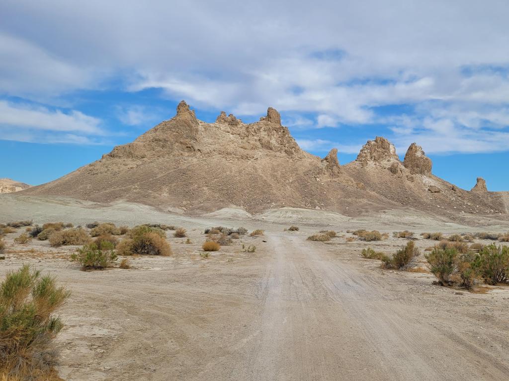The Trona Pinnacles rising above Lake Searles on a cloudy day