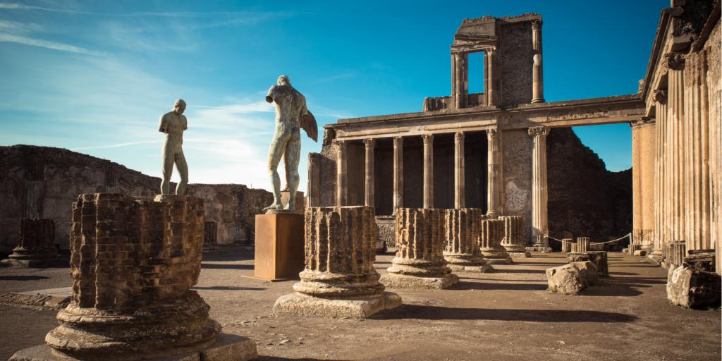 Ruins of the ancient city of Pompeii near Naples, Italy, on a sunny day