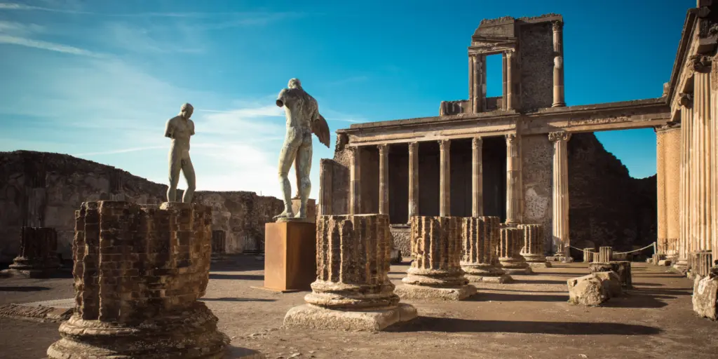 Ruins of the ancient city of Pompeii near Naples, Italy, on a sunny day