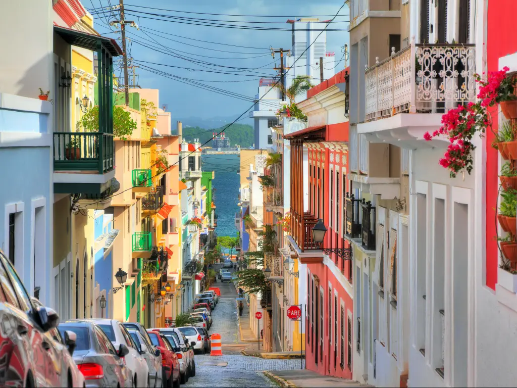 San Juan, Puerto Rico with a beautiful typical traditional vibrant street in San Juan on a sunny day.