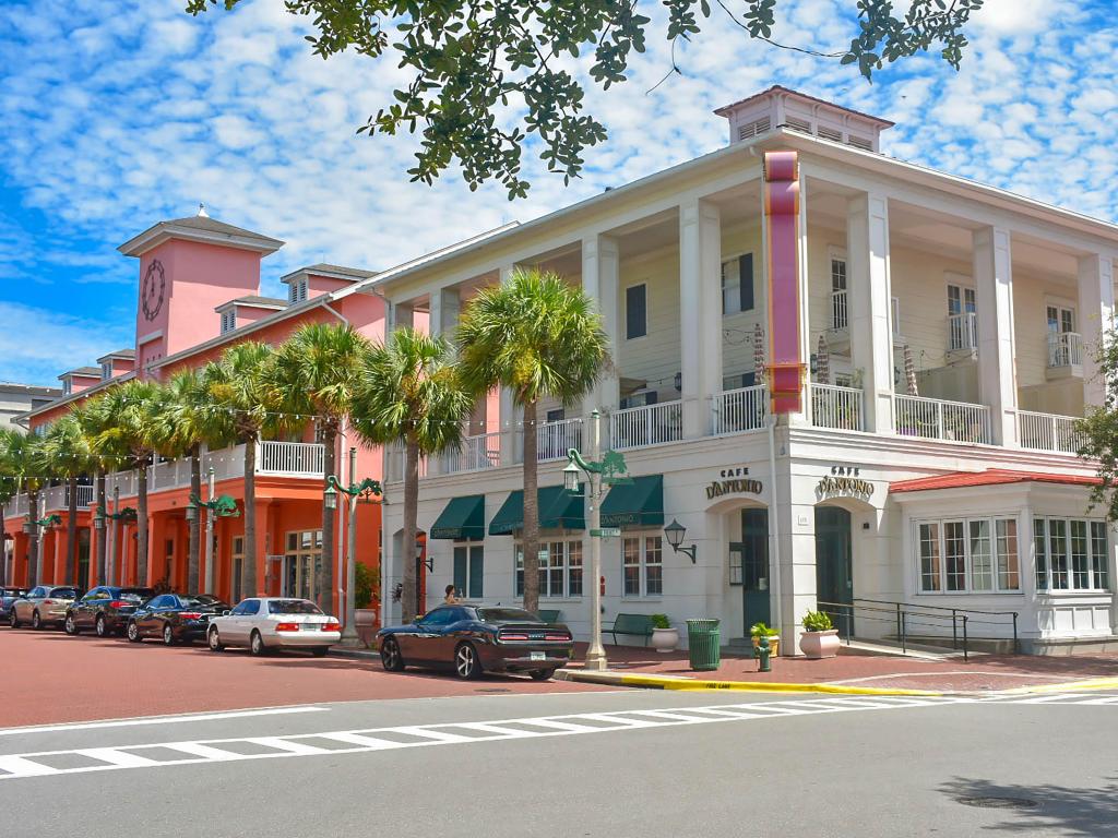 Principal corner at Celebration Town in Kissimmee area of Florida. Historic buildings with blue skies above