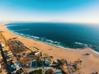 Aerial view of the shoreline in Venice Beach, CA