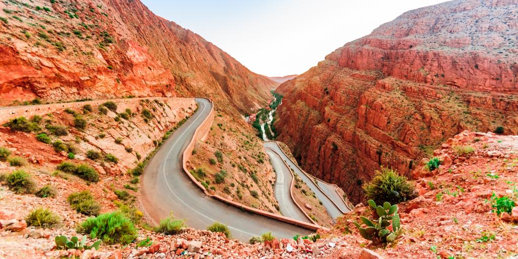 View of the narrow zig zag road through the Dades Gorge in Morocco