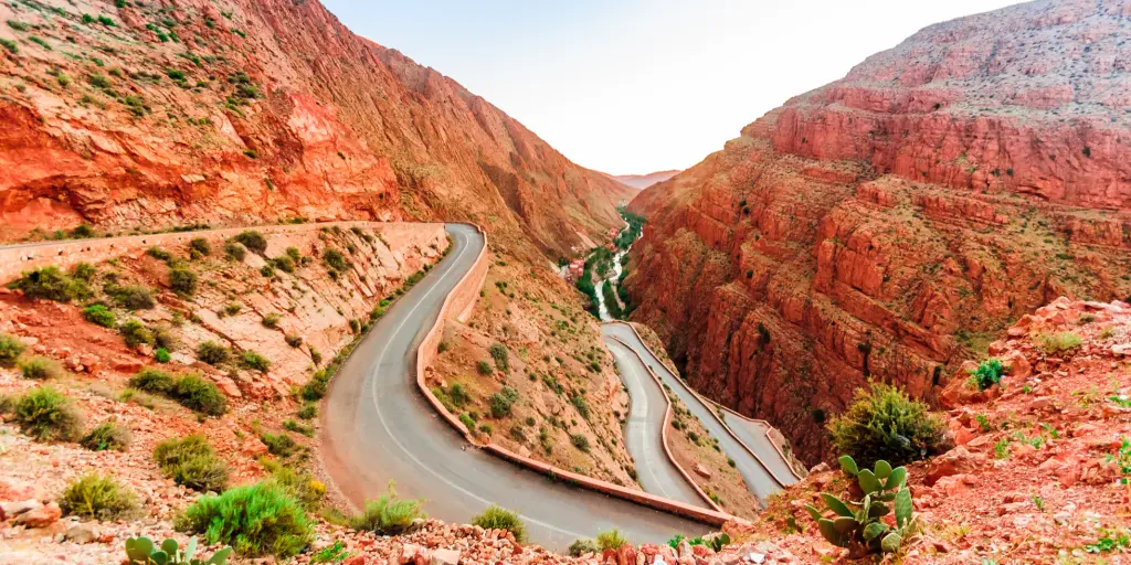 View of the narrow zig zag road through the Dades Gorge in Morocco