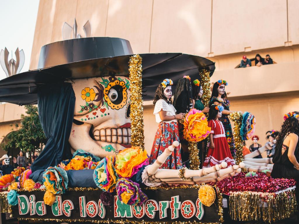 Artworks and floats outside El Paso Art Museum celebrating Dia De Los Muertos, or 