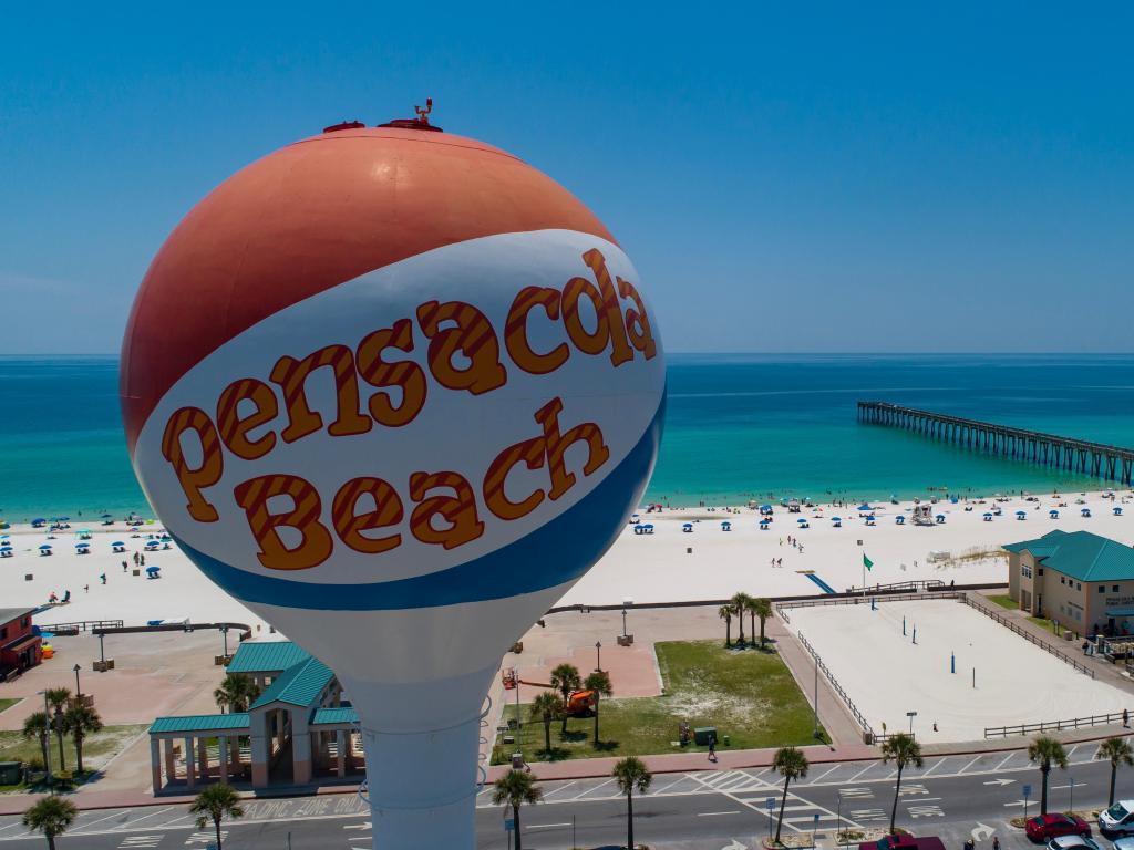 Close up shot of the famous Pensacola Florida water tower in the sunshine