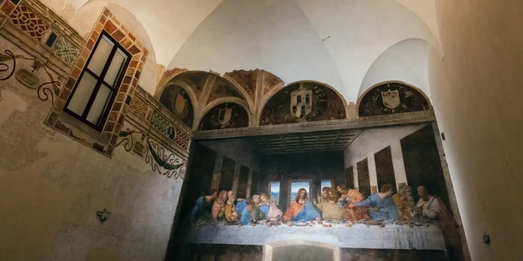 Da Vinci's Last Supper painting on the wall of the Refectory of the Santa Maria delle Grazie in Milan