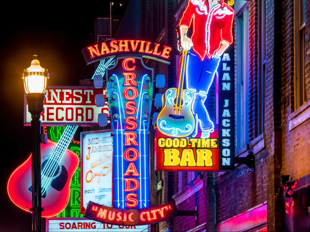 Neon signs on Lower Broadway Area in downtown Nashville, TN at night