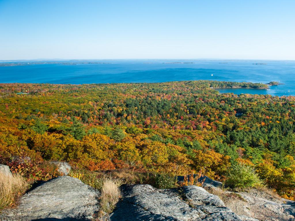 Camden Hills State Park, Maine, USA with a view of the Maine coast in autumn, from Mount Battie.
