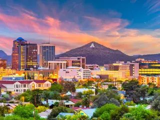 Tucson downtown skyline with Sentinel Peak at dusk
