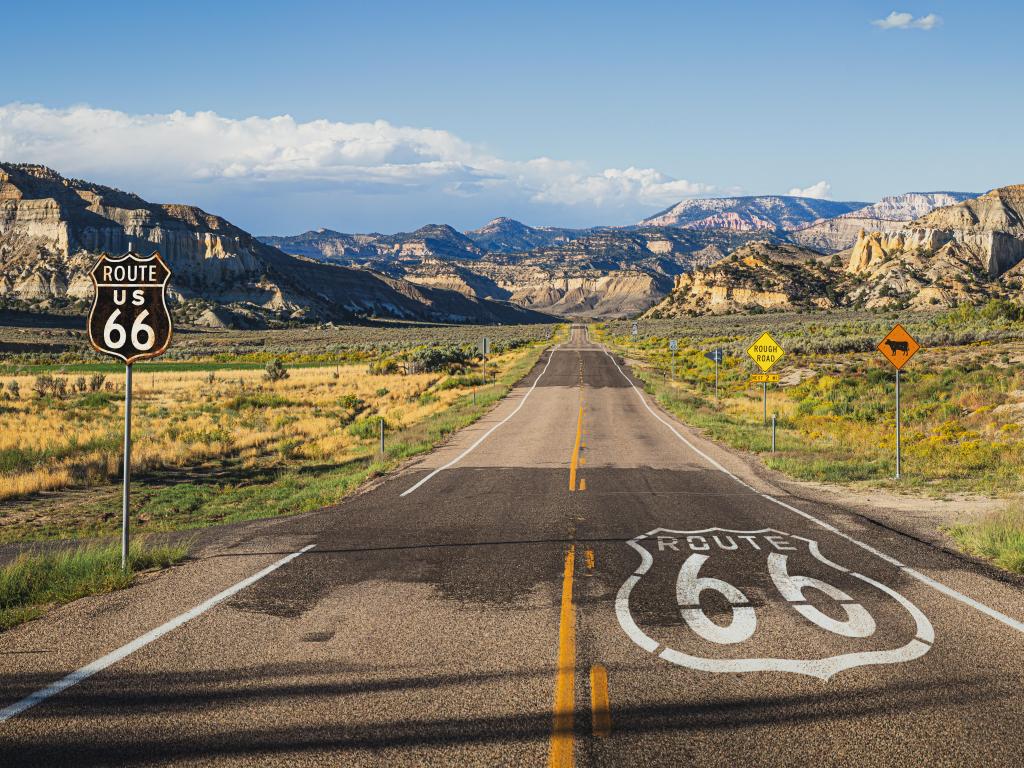 Scenic panoramic view of long straight road on famous Route 66 b