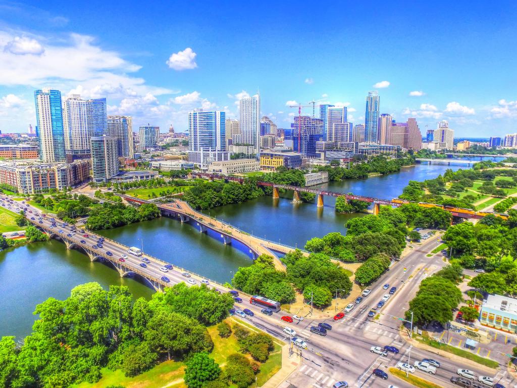 Austin Texas Skyline Cityscape Bridges Over Ladybird Lake Aerial View Traffic Buildings River Texas Tourism