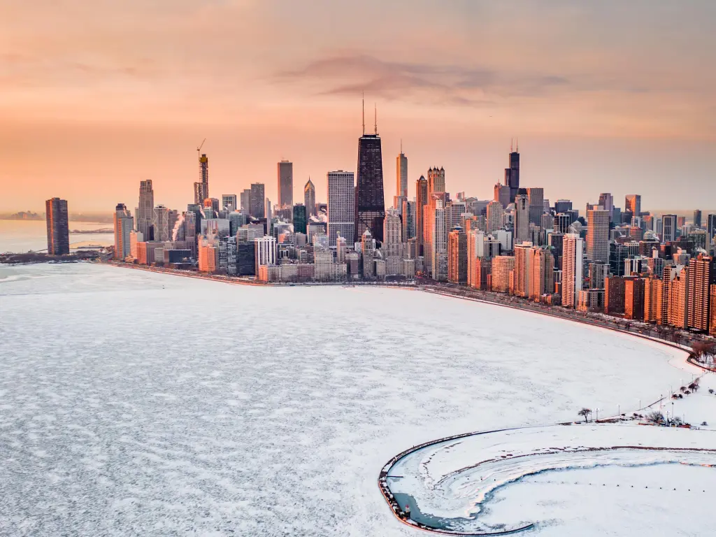 Chicago and Lake Michigan frozen in the winter months.