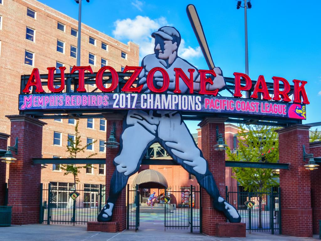 Main entrance to the Autozone Park baseball stadium - home to the Memphis Redbirds