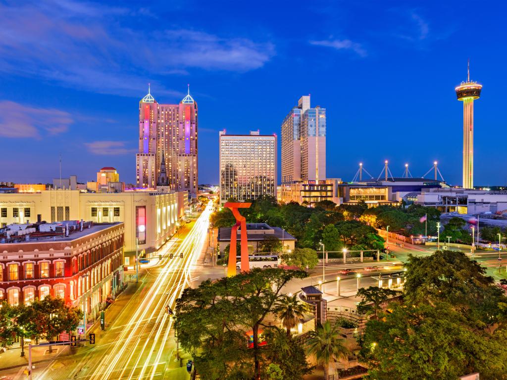 Beautiful skyline of San Antonio at night with a major highway running through it