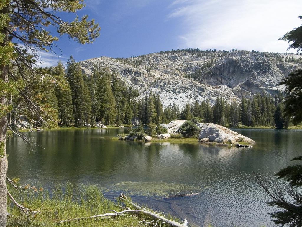 Bull Run Lake in Stanislaus National Forest with trees around and snow topped mountains behind