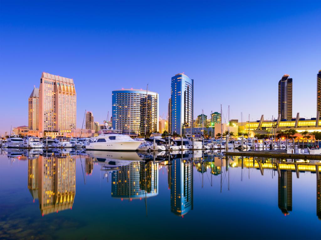 San Diego, California, USA skyline at the Embarcadero Marina at early evening.