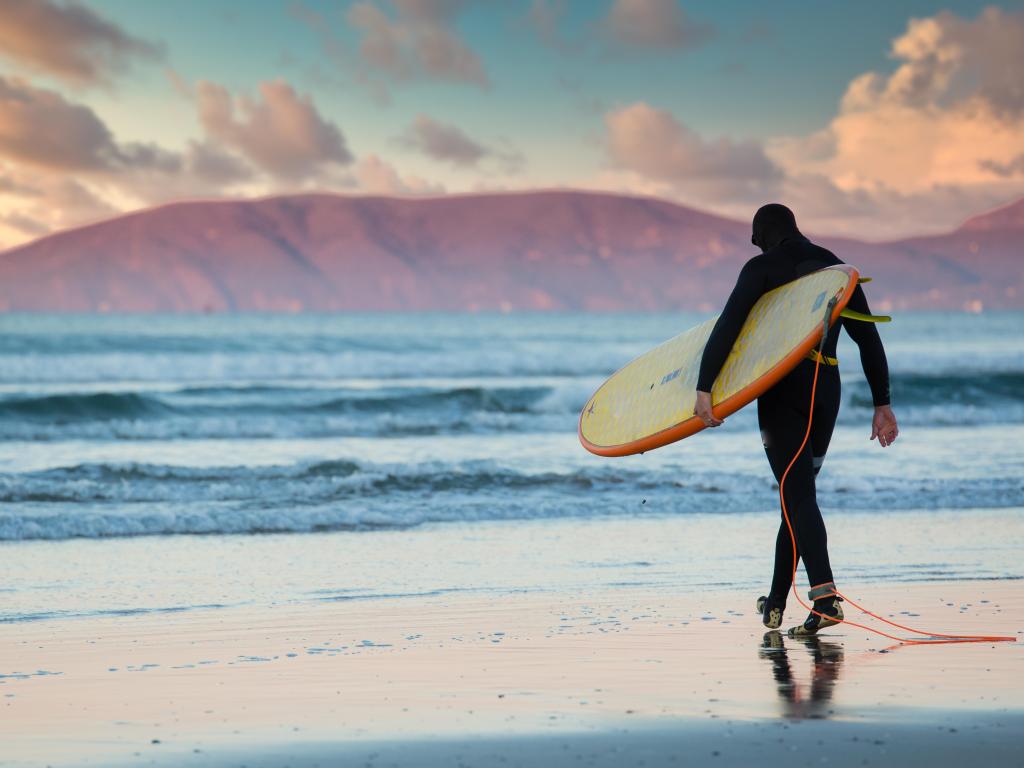 Lone surfer walks into the ocean at dawn in Pismo Beach