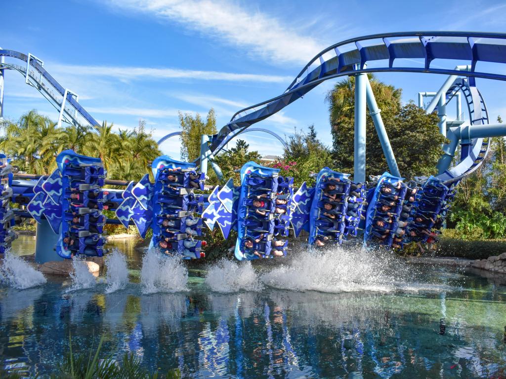 Orlando, Florida, USA with an amazing view of Manta Ray Rollercoaster at Seaworld Theme Park on a sunny day.