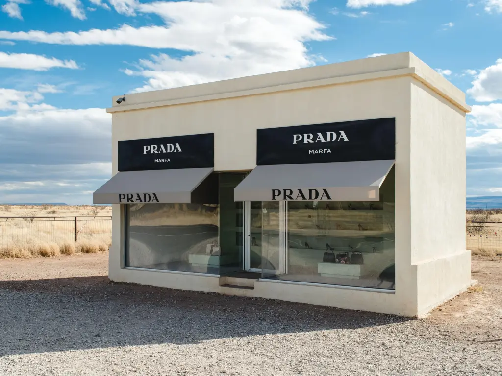 The quirky art installation "Prada Marfa", located on the side of the highway in Valentine, Texas. Photo taken during a sunny day
