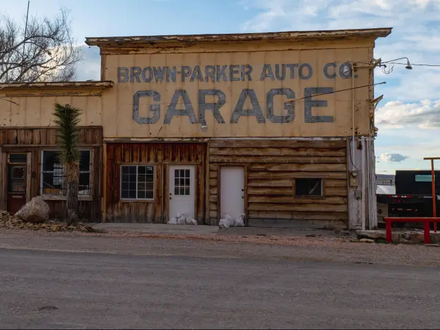 Wooden-fronted Brown-Parker Auto Co Garage, an historic building in Goldfield, Nevada