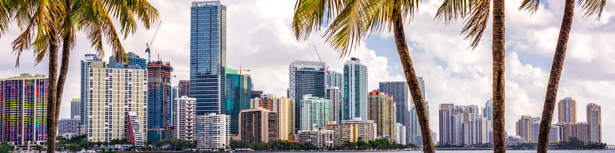 Downtown skyline of Miami with palm trees in the foreground on a partially cloudy day