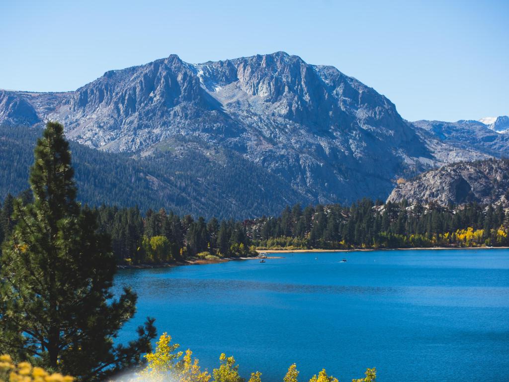 Beautiful vibrant panoramic view of June Lake, California, with the Sierra Nevada Mountains and Carson Peak in the background and pine trees around the water