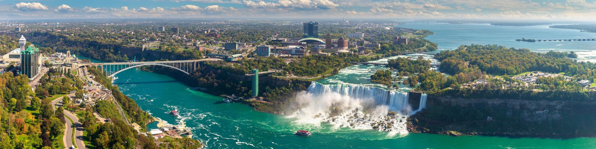Panoramic aerial view of Niagara Falls with a blue sky above