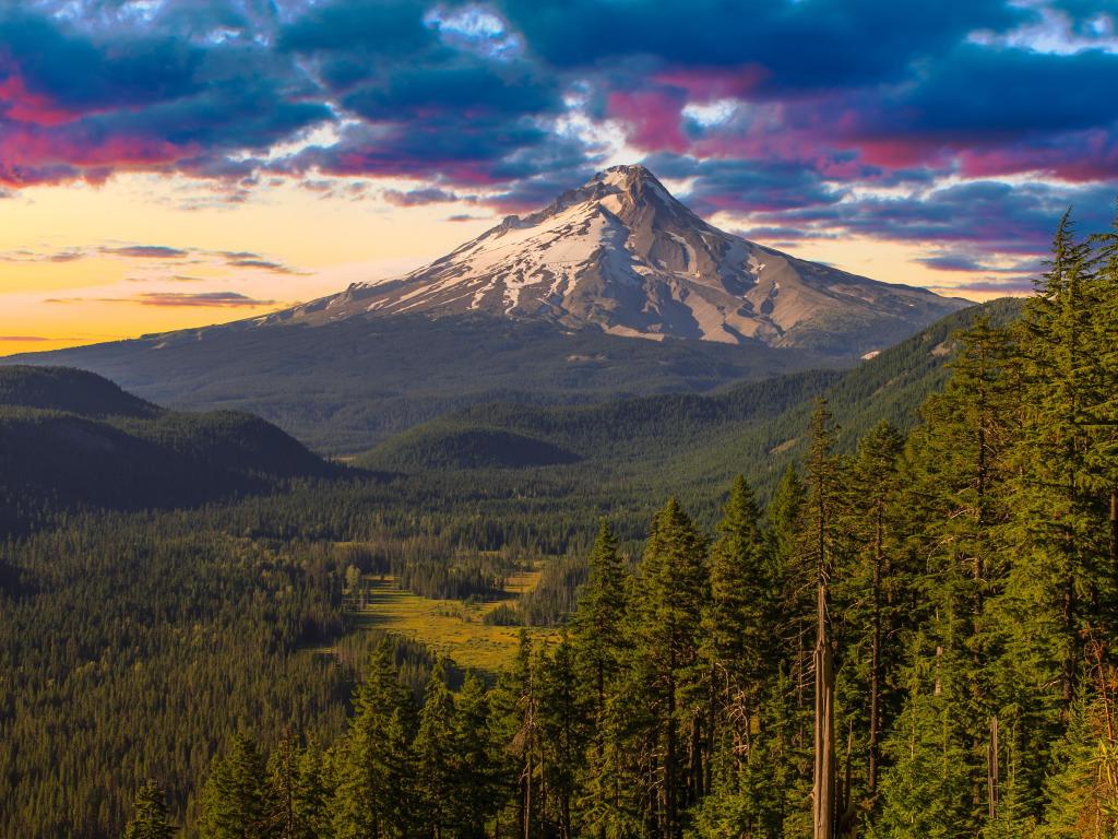 Mt. Hood, USA with a majestic view of Mt. Hood on a bright, sunny day during the summer months, trees in the foreground and a dramatic sky. 