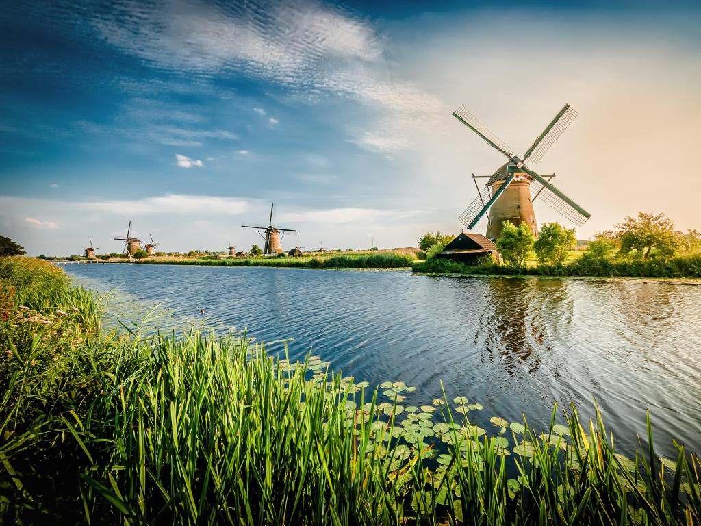 Rotterdam, The Netherlands with a view of historian Dutch windmills near Rotterdam.