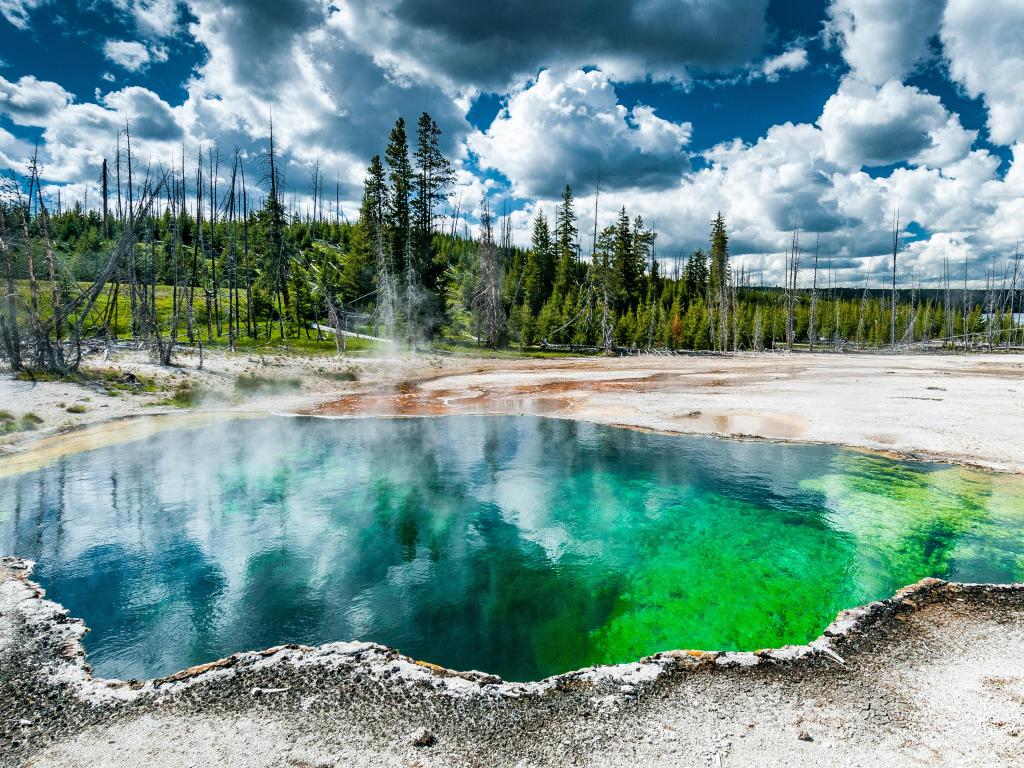 Basin of colorful hot water and sulfur emanation in the area of West Thumb Geyser Basin, Yellowstone National Park, USA.