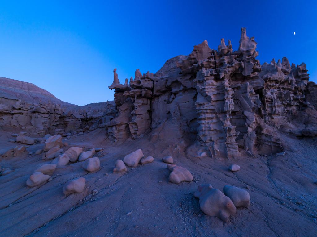 Vernal, Utah, USA with the natural eroded sculptures of the Fantasy Canyon at early evening.
